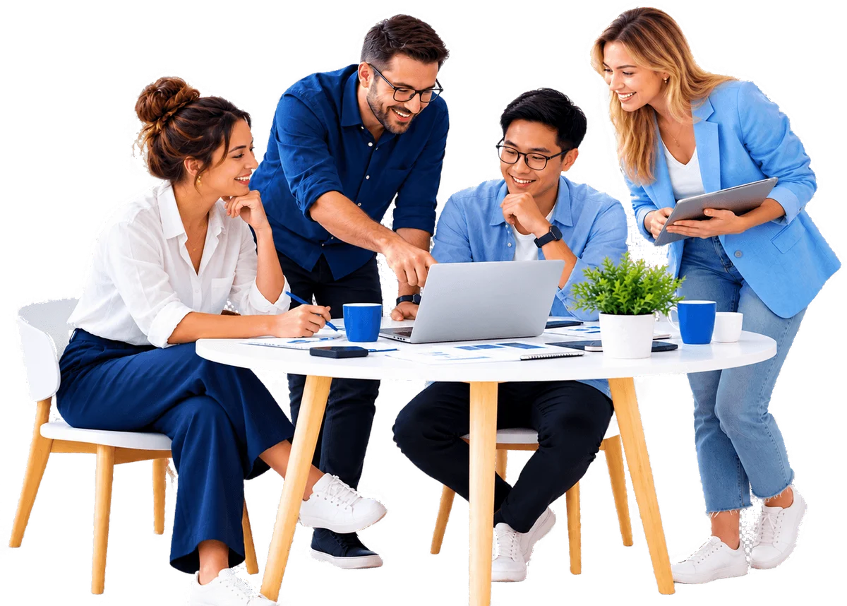 Web design team collaborating around a laptop in a Melbourne studio